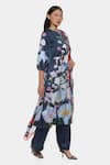 Shop_Satya Paul_Blue Satin Print Floral Notched Neck Moonlight Kurta Pant Set _Online_at_Aza_Fashions