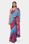 Buy_Satya Paul_Blue Crepe Print Floral Phulkari Saree With Running Blouse _at_Aza_Fashions