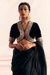 Buy_Mimamsaa_Black Silk Velvet Embroidered Applique Deep V Neck Ajooni Floral Bead Blouse _at_Aza_Fashions
