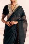 Mimamsaa_Black Silk Velvet Embroidered Applique Deep V Neck Ajooni Floral Bead Blouse _Online_at_Aza_Fashions