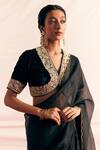 Buy_Mimamsaa_Black Silk Velvet Embroidered Applique Deep V Neck Ajooni Floral Bead Blouse _Online_at_Aza_Fashions