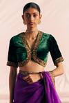 Buy Mimamsaa Green Silk Velvet Embroidered Applique Deep V Neck Kalai Floral Bead Blouse at Aza Fashions Buy_Mimamsaa_Green Silk Velvet Embroidered Applique Deep V Neck Kalai Floral Bead Blouse _at_Aza_Fashions