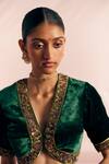 Shop Mimamsaa Green Silk Velvet Embroidered Applique Deep V Neck Kalai Floral Bead Blouse Shop_Mimamsaa_Green Silk Velvet Embroidered Applique Deep V Neck Kalai Floral Bead Blouse