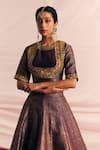 Shop_Mimamsaa_Maroon Brocade Silk Woven And Embroidered Vintage Pattern Round Bridal Lehenga Set _Online_at_Aza_Fashions