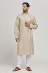 Buy_Aham-Vayam_Ivory Cotton Embroidered Sequins Rajaji Kurta And Churidar Set _at_Aza_Fashions