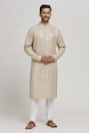 Buy_Aham-Vayam_Ivory Cotton Embroidered Sequins Rajaji Kurta And Churidar Set _Online_at_Aza_Fashions