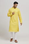 Buy_Aham-Vayam_Yellow Cotton Embroidered Thread Phoolpatti Kurta And Churidar Set _at_Aza_Fashions