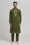 Aham-Vayam_Green Cotton Silk Blend Embroidered Riwazz Embellished Kurta Churidar Set _Online_at_Aza_Fashions