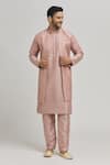 Buy_Aham-Vayam_Peach Cotton Embroidered Thread Stripe Pattern Jacket Kurta Set _at_Aza_Fashions