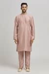 Aham-Vayam_Peach Cotton Embroidered Thread Stripe Pattern Jacket Kurta Set _Online_at_Aza_Fashions