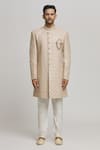 Aham-Vayam_Beige Cotton Embroidered Sequin Dhoom Geometric Sherwani Set _Online_at_Aza_Fashions