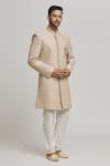 Buy_Aham-Vayam_Beige Cotton Embroidered Sequin Dhoom Geometric Sherwani Set _Online_at_Aza_Fashions