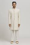 Aham-Vayam_Off White Cotton Embroidery Floral Misho Sherwani And Pyjama Set _Online_at_Aza_Fashions