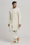 Shop_Aham-Vayam_Off White Cotton Embroidery Floral Misho Sherwani And Pyjama Set _Online_at_Aza_Fashions