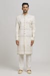 Aham-Vayam_Off White Cotton Embroidery Floral Sunehra Buta Patti Sherwani Pyjama Set _Online_at_Aza_Fashions