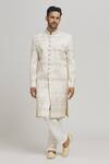 Shop_Aham-Vayam_Off White Cotton Embroidery Floral Sunehra Buta Patti Sherwani Pyjama Set _Online_at_Aza_Fashions