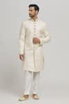 Buy_Aham-Vayam_White Cotton Embroidery Scallop Mayurwav Sherwani With Pant _at_Aza_Fashions