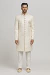 Aham-Vayam_White Cotton Embroidery Scallop Mayurwav Sherwani With Pant _Online_at_Aza_Fashions