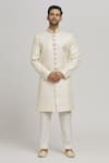 Shop_Aham-Vayam_White Cotton Embroidery Scallop Mayurwav Sherwani With Pant _Online_at_Aza_Fashions