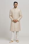 Buy_Aham-Vayam_Ivory Cotton Embroidery Floral Nizam Sherwani Set _at_Aza_Fashions