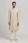 Aham-Vayam_Ivory Cotton Embroidery Floral Nizam Sherwani Set _Online_at_Aza_Fashions