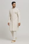 Buy_Aham-Vayam_Ivory Cotton Embroidery Floral Gulposh Sherwani Set _at_Aza_Fashions