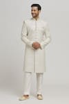 Buy_Aham-Vayam_White Cotton Embroidery Geometric Divyachandra Sherwani Set _at_Aza_Fashions