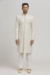 Aham-Vayam_White Cotton Embroidery Geometric Divyachandra Sherwani Set _Online_at_Aza_Fashions