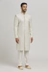 Buy_Aham-Vayam_White Cotton Embroidery Geometric Divyachandra Sherwani Set _Online_at_Aza_Fashions