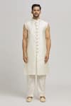 Aham-Vayam_Ivory Cotton Embroidery Geometric Kripam Open Sherwani Pant Set _Online_at_Aza_Fashions