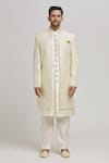 Buy_Aham-Vayam_Ivory Cotton Embroidery Geometric Kripam Open Sherwani Pant Set _Online_at_Aza_Fashions