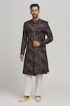 Buy_Aham-Vayam_Black Cotton Velvet Embroidery Floral Nawaab Sherwani Set _at_Aza_Fashions