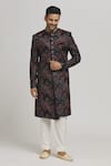 Shop_Aham-Vayam_Black Cotton Velvet Embroidery Floral Nawaab Sherwani Set _Online_at_Aza_Fashions