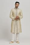 Buy_Aham-Vayam_Ivory Cotton Embroidery Floral Chandra Upwan Sherwani Set _at_Aza_Fashions