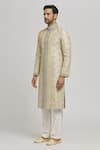 Aham-Vayam_Ivory Cotton Embroidery Floral Chandra Upwan Sherwani Set _Online_at_Aza_Fashions