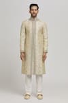 Aham-Vayam_Ivory Cotton Embroidery Floral Chandra Upwan Sherwani Set _at_Aza_Fashions