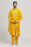 Buy_Aham-Vayam_Yellow Cotton Embroidery Mirror Katsu Kurta Pant Set_at_Aza_Fashions