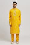 Aham-Vayam_Yellow Cotton Embroidery Mirror Katsu Kurta Pant Set_Online_at_Aza_Fashions