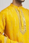 Shop_Aham-Vayam_Yellow Cotton Embroidery Mirror Katsu Kurta Pant Set_Online_at_Aza_Fashions