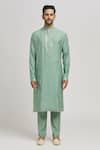Aham-Vayam_Green Cotton Silk Blend Embroidery Floral Sonadhar Kurta Pant Set_Online_at_Aza_Fashions