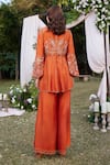 Shop_Shasha Gaba_Brown Chanderi , Pearls, Sequins, Floral Peplum Top And Trouser Set _at_Aza_Fashions