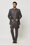 Buy_Aryavir Malhotra_Grey Art Silk Embroidered Sequins Thread Front-open Sherwani And Kurta Set_at_Aza_Fashions