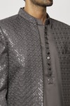 Shop_Aryavir Malhotra_Grey Art Silk Embroidered Sequins Thread Front-open Sherwani And Kurta Set_Online_at_Aza_Fashions