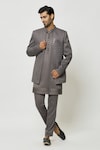 Buy_Aryavir Malhotra_Grey Art Silk Embroidered Sequins Front-open Sherwani And Kurta Set_at_Aza_Fashions