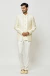 Buy_Aryavir Malhotra_Cream Art Silk Embroidered Thread Work Full Sleeve Jodhpuri With Short Kurta _at_Aza_Fashions