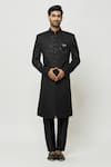 Buy_Aryavir Malhotra_Black Sherwani Art Silk Embroidered Sequins Mandarin Collar And Pant Set _at_Aza_Fashions