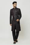 Buy_Aryavir Malhotra_Wine Sherwani Velvet Embroidered Sequins Full Sleeve And Pant Set _at_Aza_Fashions