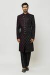 Aryavir Malhotra_Wine Sherwani Velvet Embroidered Sequins Full Sleeve And Pant Set _Online_at_Aza_Fashions