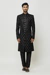 Aryavir Malhotra_Black Sherwani Velvet Embroidered Sequins Thread Full Sleeve And Pant Set_Online_at_Aza_Fashions