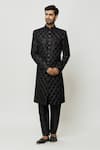 Buy_Aryavir Malhotra_Black Sherwani Velvet Embroidered Sequins Thread Full Sleeve And Pant Set _Online_at_Aza_Fashions